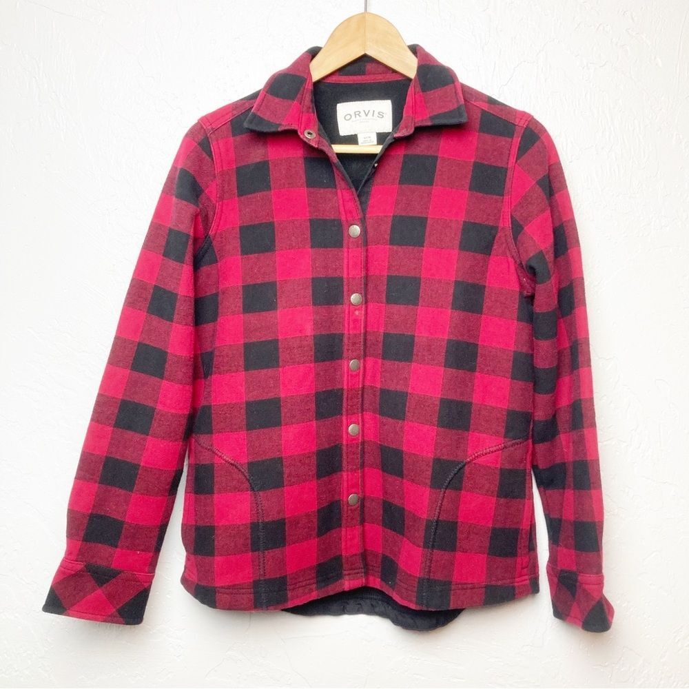 Orvis Flannel Shirt Jacket Shacket small red black Plaid Snap Front Fleece Lined